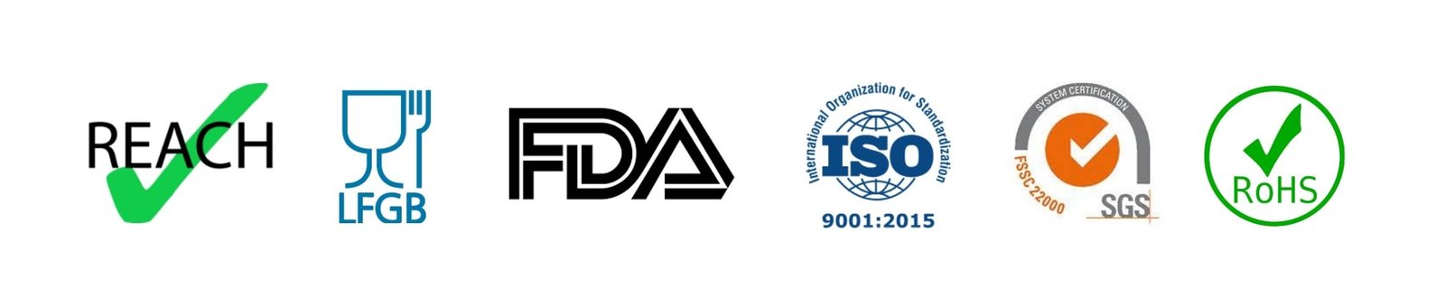 REACH, LFGB, FDA, ISO, SGS and RoHS certification logos