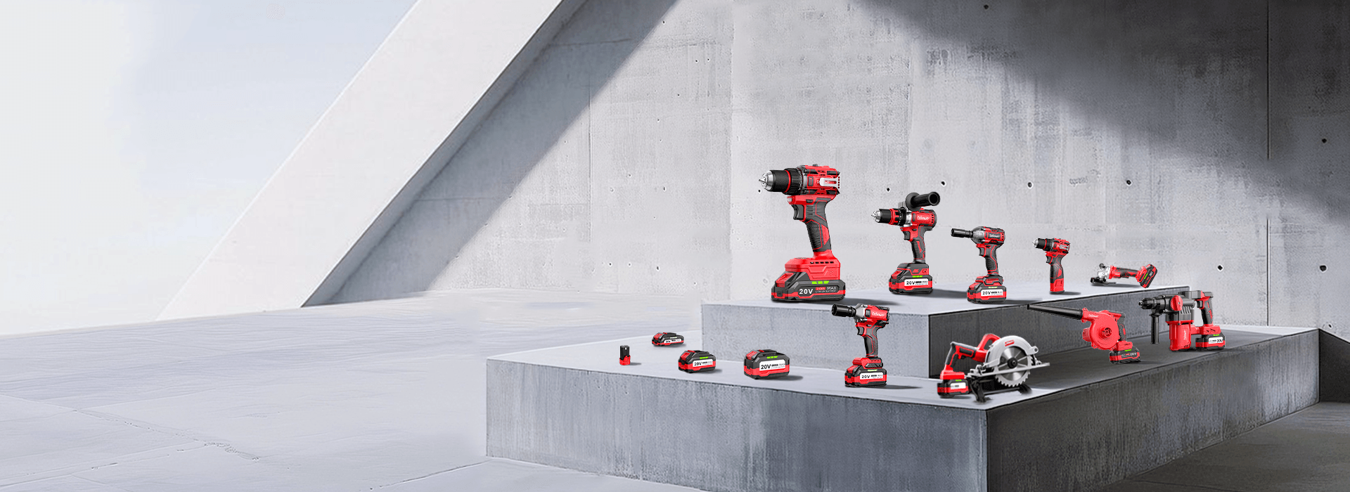 Tebowo cordless power tool range displayed on concrete platforms
