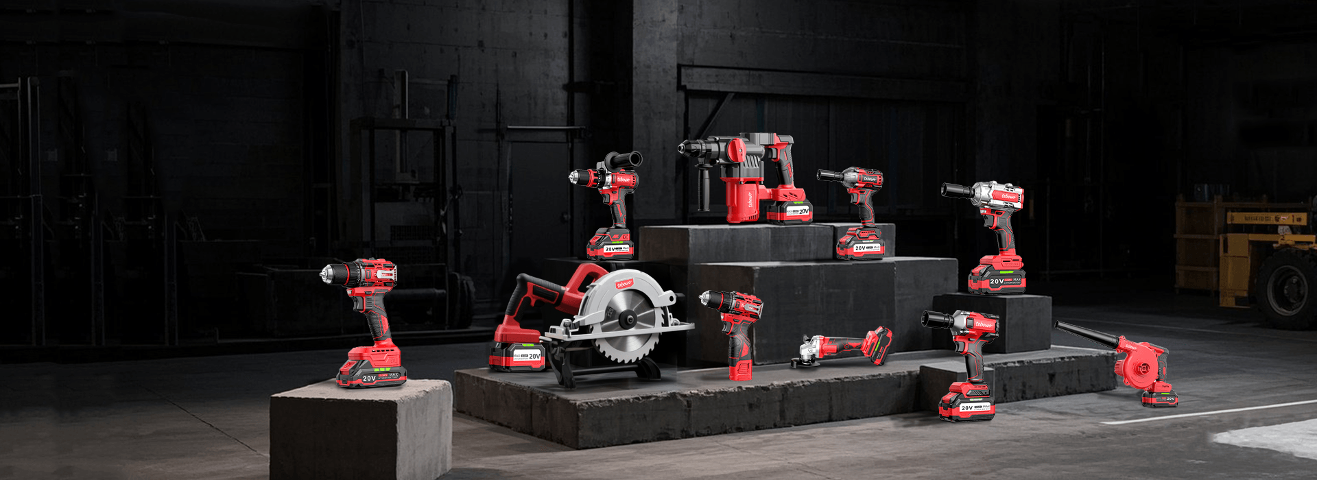 Tebowo red cordless power tools displayed in a showroom