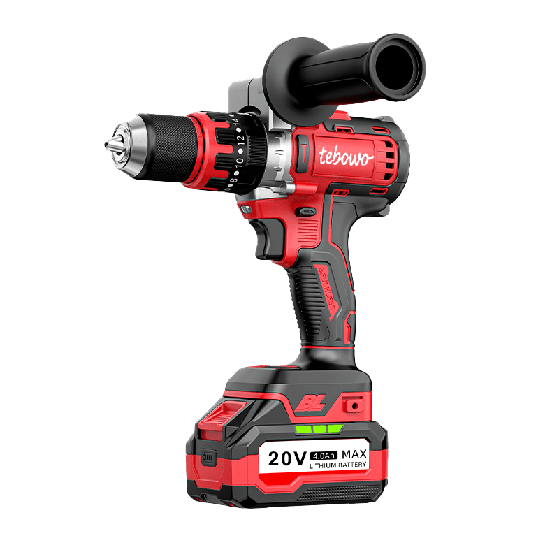 Tebowo red 20V cordless drill on a black background
