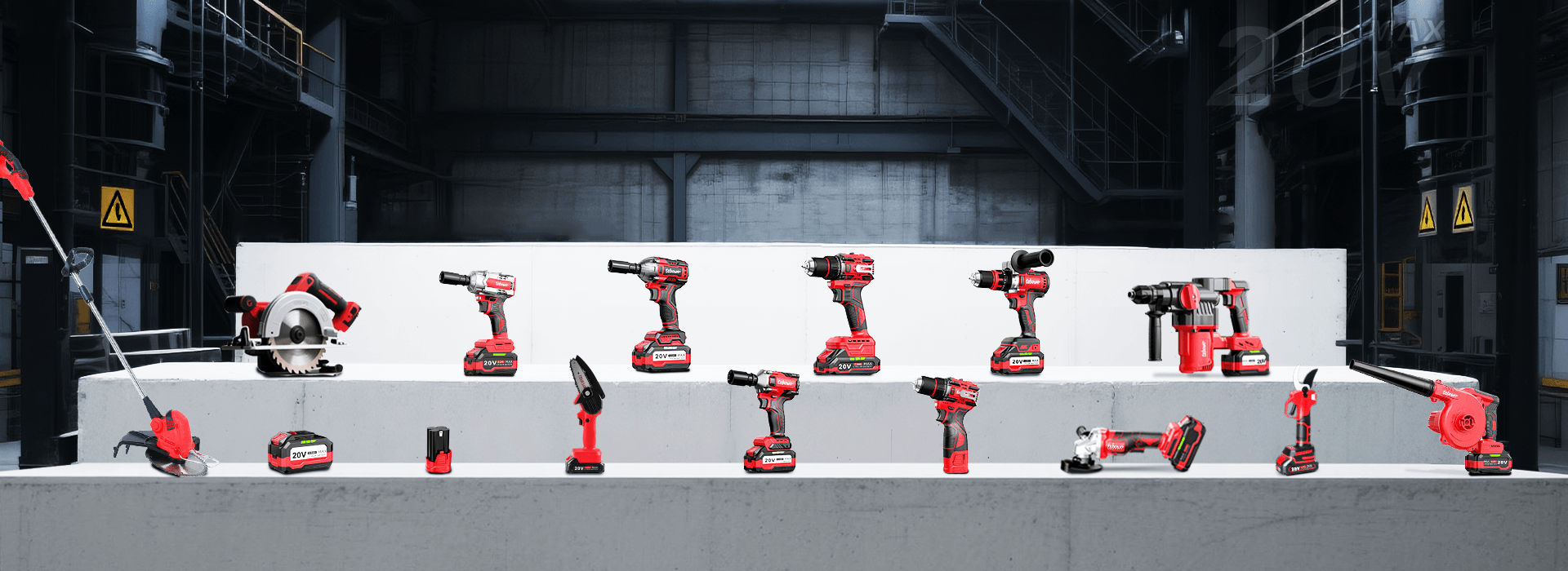 Tebowo 20V cordless power tool range displayed in a workshop