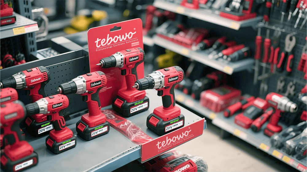 Tebowo cordless power tools on a branded retail display