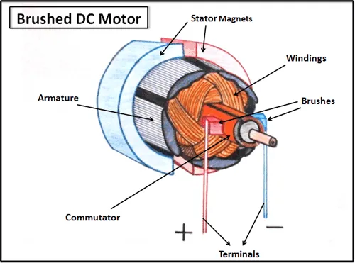 Cutaway diagram labeling brushed DC motor components