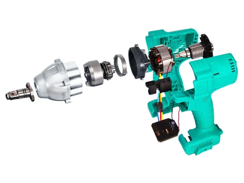 Exploded cordless drill showing its motor and gearbox components