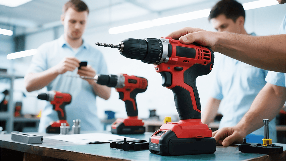 Technicians inspecting cordless drills on a workbench