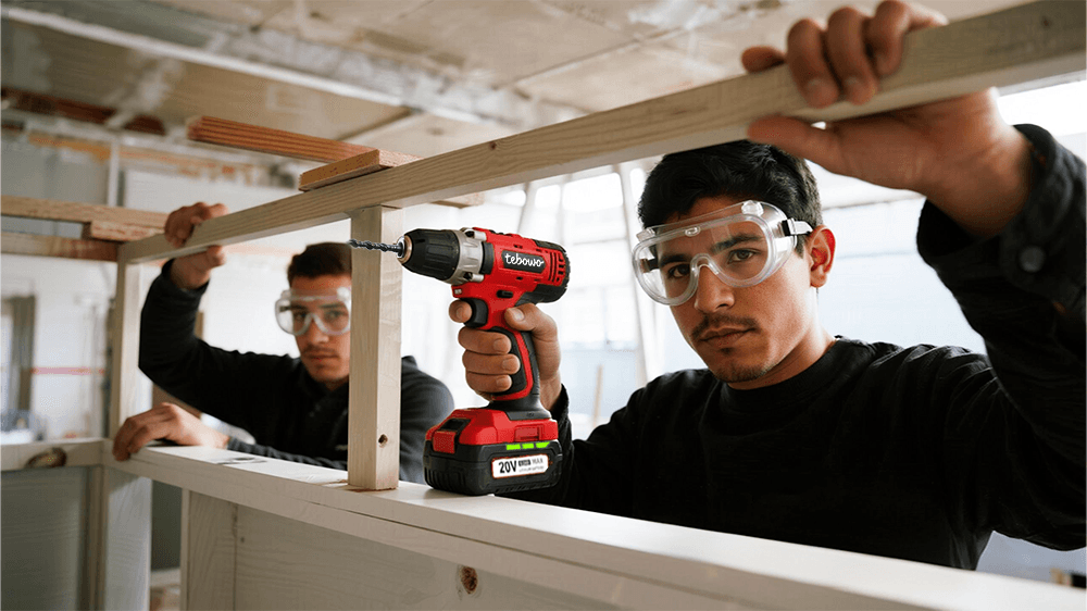 Carpenters using a cordless drill to assemble a wooden frame