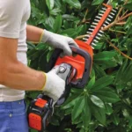 Gardener trimming a hedge with a cordless hedge trimmer