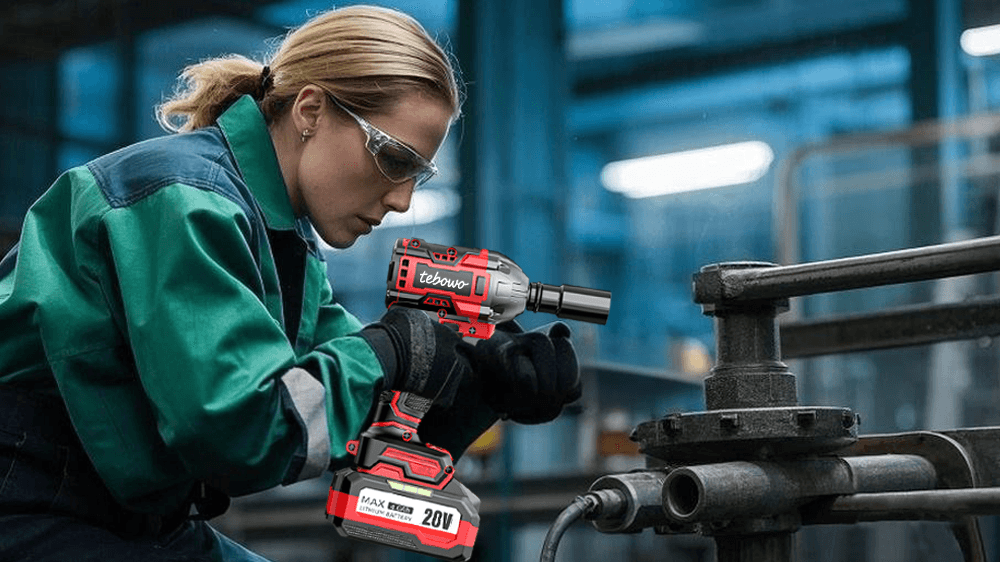 Worker using a cordless impact wrench on metal equipment