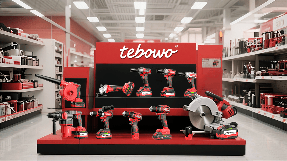 Cordless power tools displayed in a large retail store