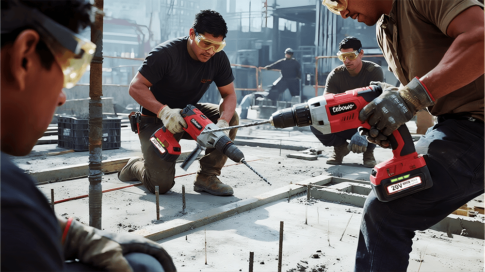 Construction crew drilling concrete with cordless rotary hammers