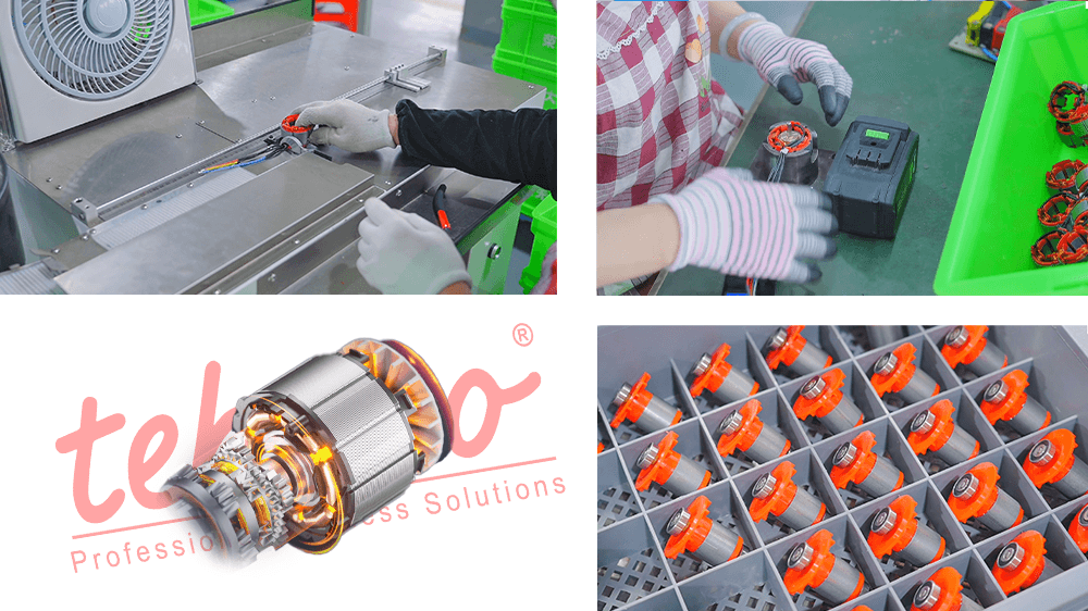 Collage showing brushless motor assembly, testing and production