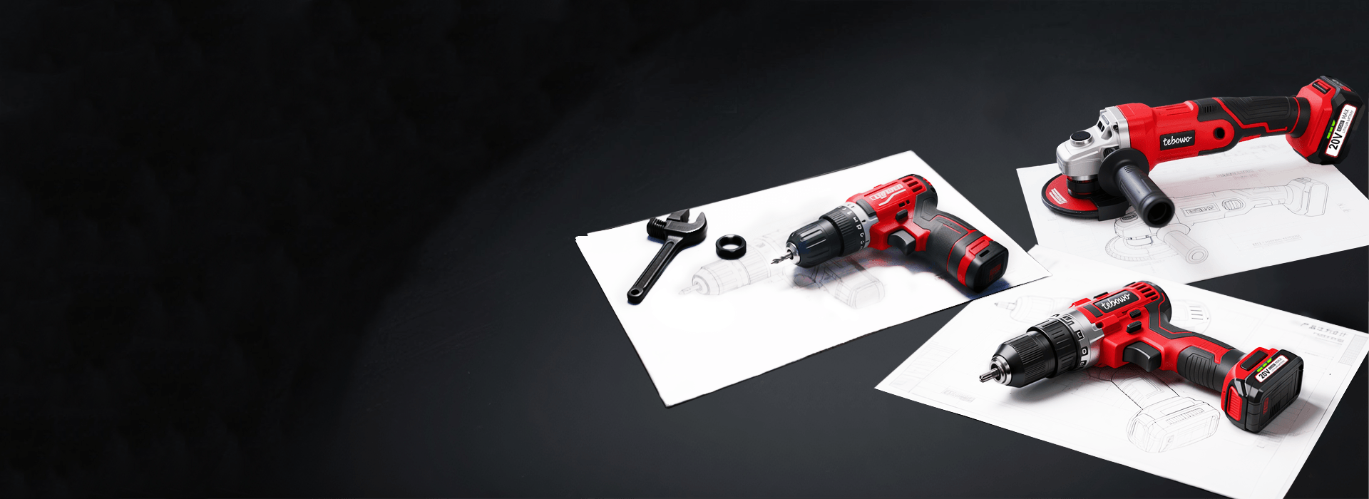 Custom red and black cordless tools arranged on product design sheets