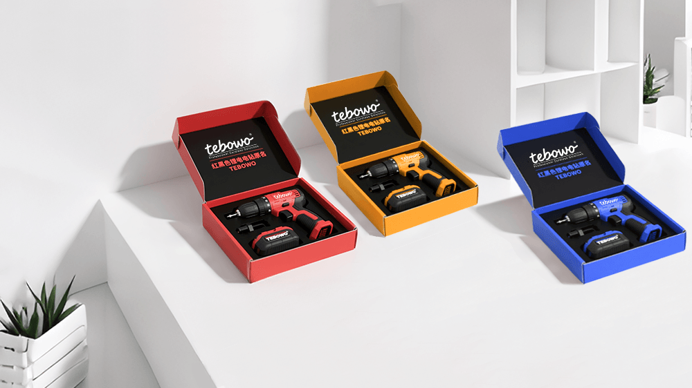 Custom branded cordless tool gift sets in red, yellow and blue cases