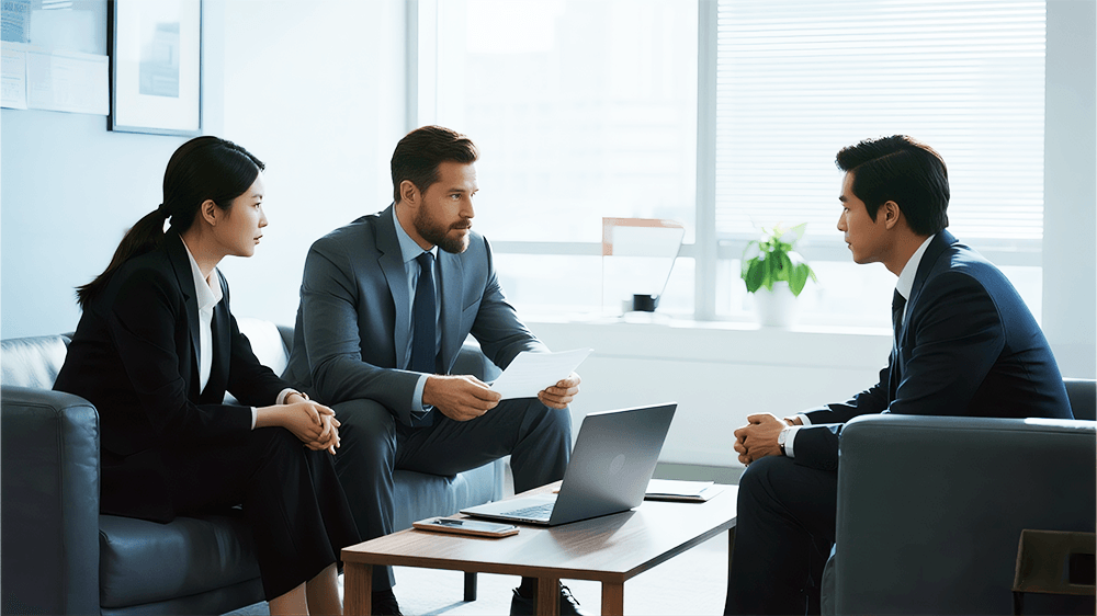 Supplier and buyers discussing a power tool order in a meeting