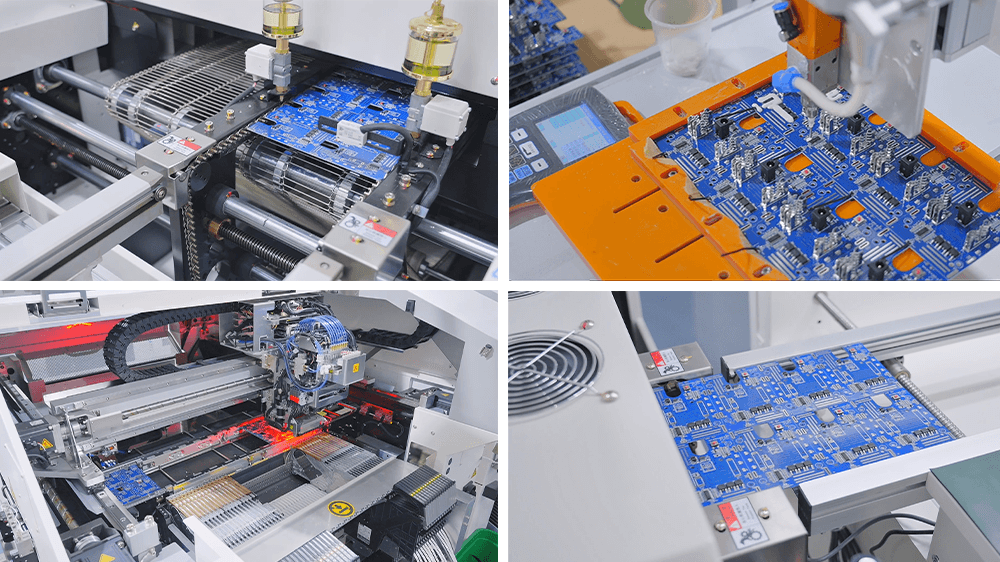 Collage showing power tool circuit board assembly and testing