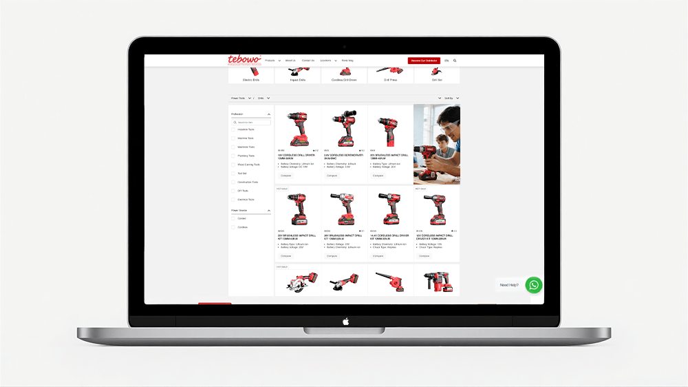 Laptop displaying an online catalog of cordless power tools
