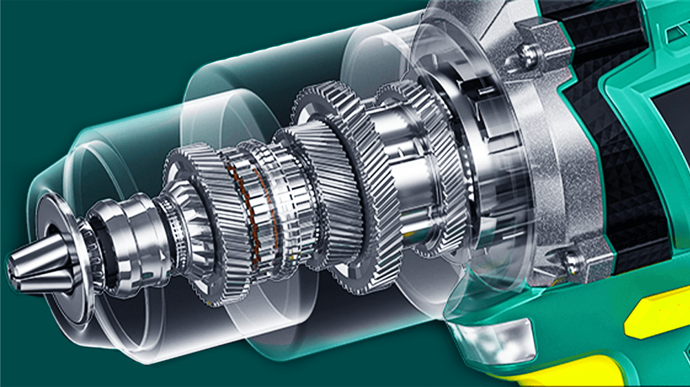 Cutaway view of a power tool gearbox and metal gears