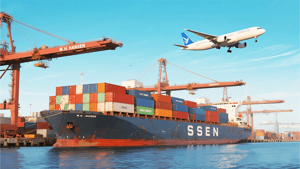 Container ship and cargo cranes representing global power tool shipping
