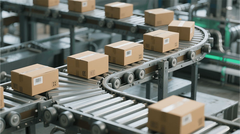 Cardboard parcels moving along a factory conveyor