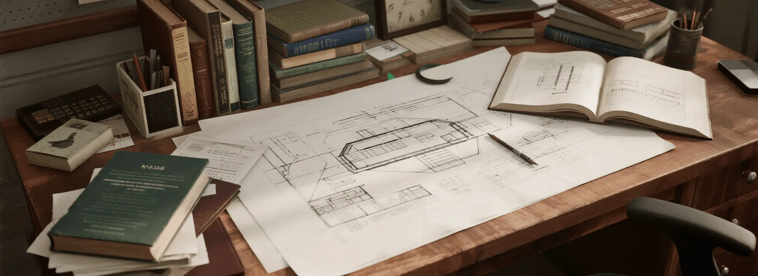 Power tool plans and workshop books on a workbench