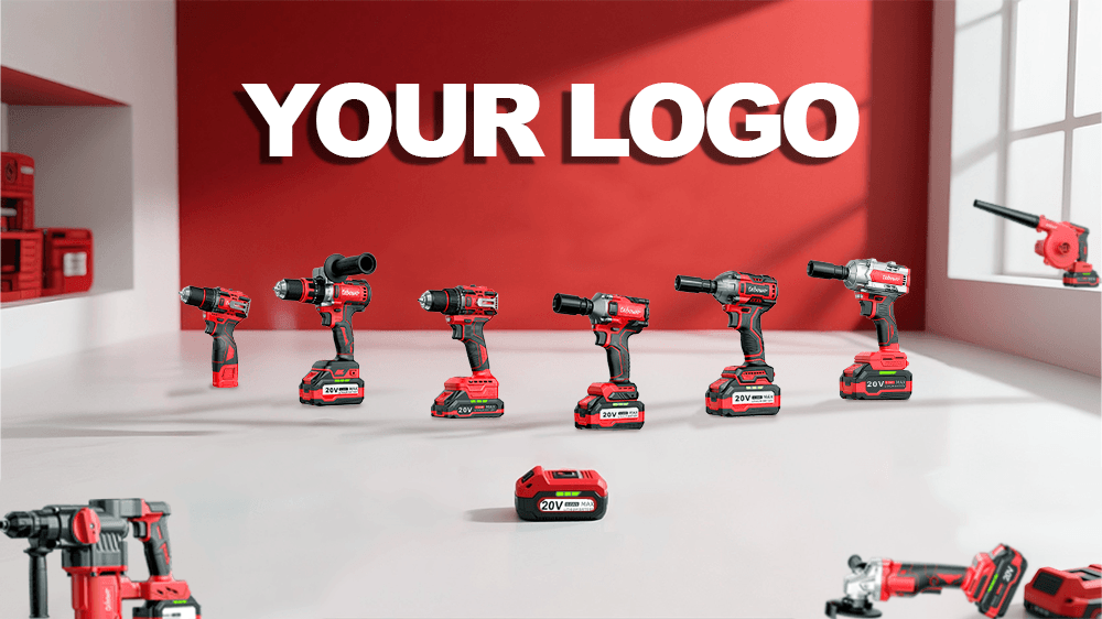 Cordless power tool display with a custom brand logo