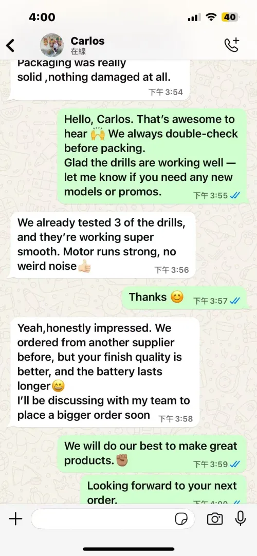 WhatsApp customer review praising Tebowo delivery and support
