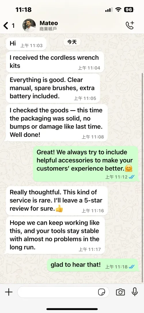 WhatsApp customer review about Tebowo cordless wrench quality