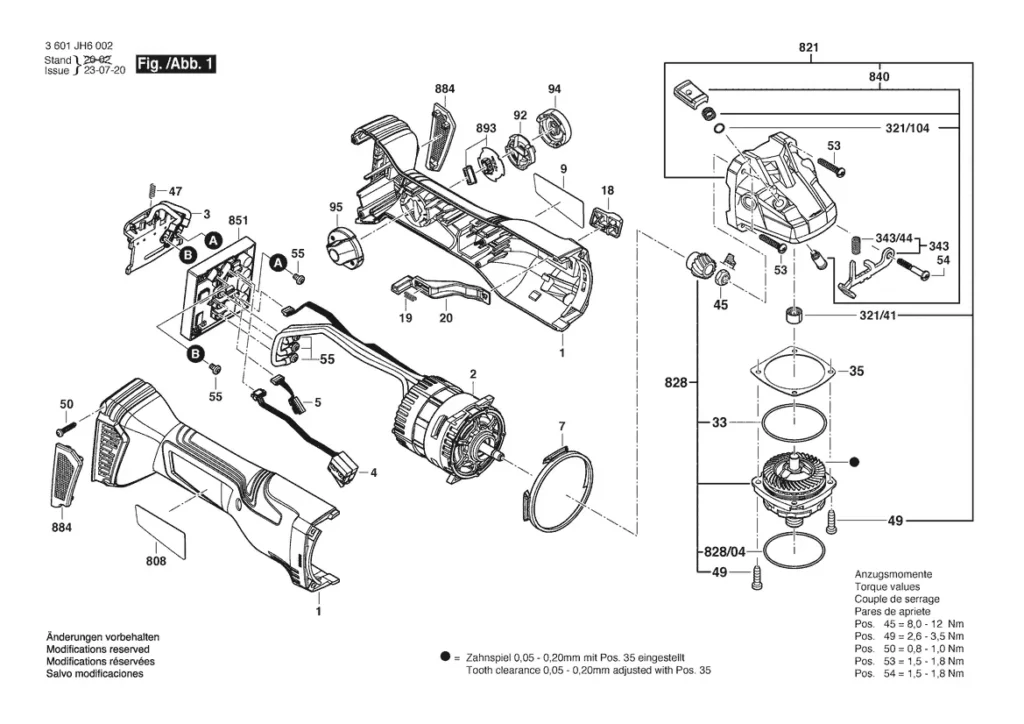 Exploded illustration of angle grinder assemblies