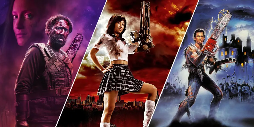 Movie posters featuring chainsaw scenes