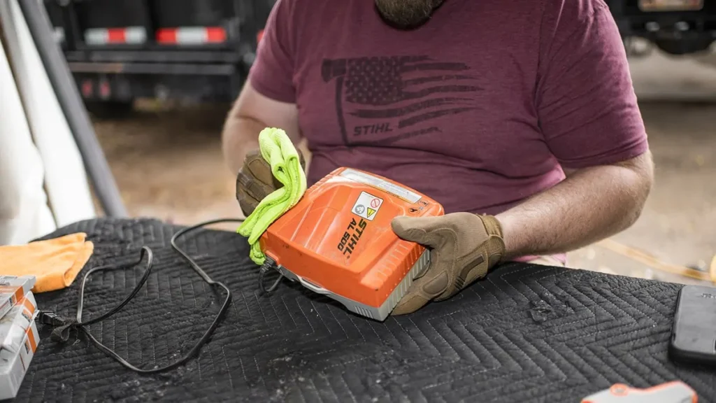 Person checking and charging a cordless chainsaw battery