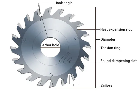 Diagram labeling the parts of a circular saw blade