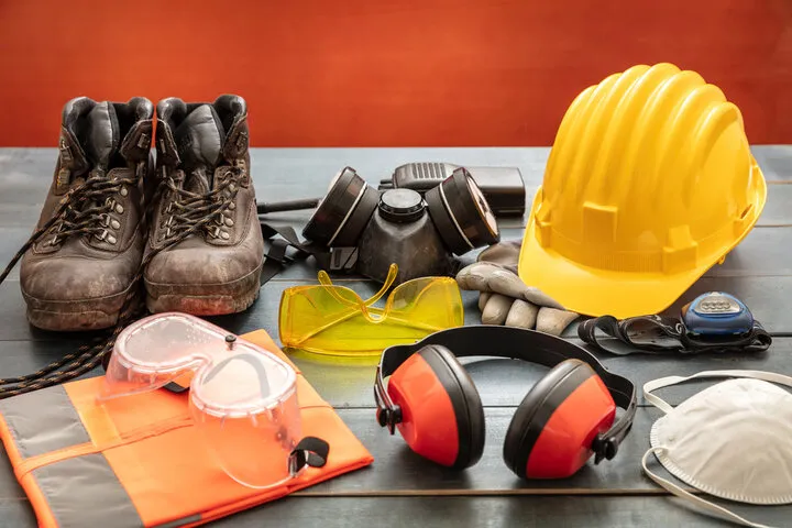 Boots, goggles, gloves, helmet and hearing protection for saw work