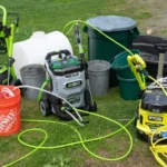 Cordless pressure washer system with hoses, buckets and accessories