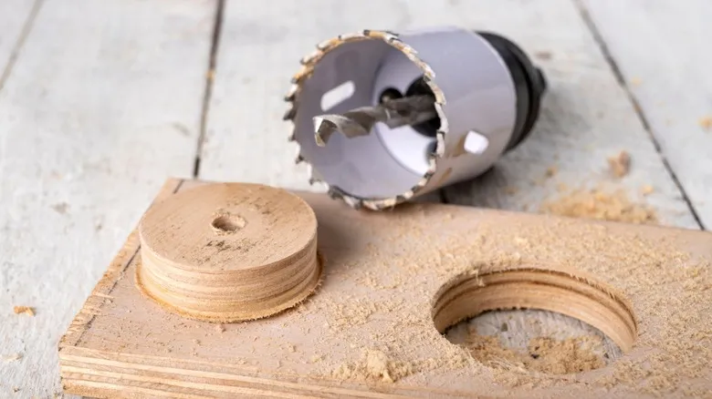Hole saw beside a circular wooden plug and fresh cut