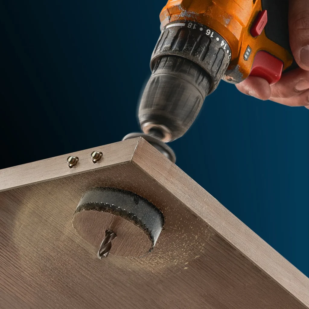 Hole saw drilling a large opening in a wooden board