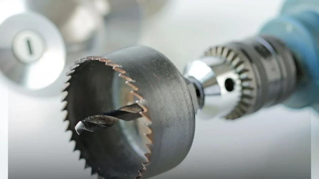 Close-up of a hole saw mounted in a drill chuck