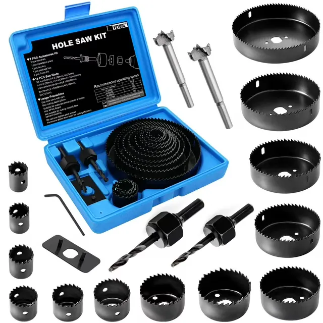 Complete hole saw kit with multiple cup sizes and arbors