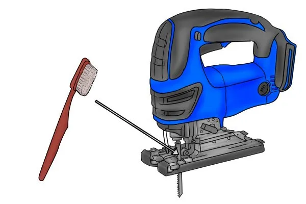 Illustration of cleaning around a jigsaw blade guide