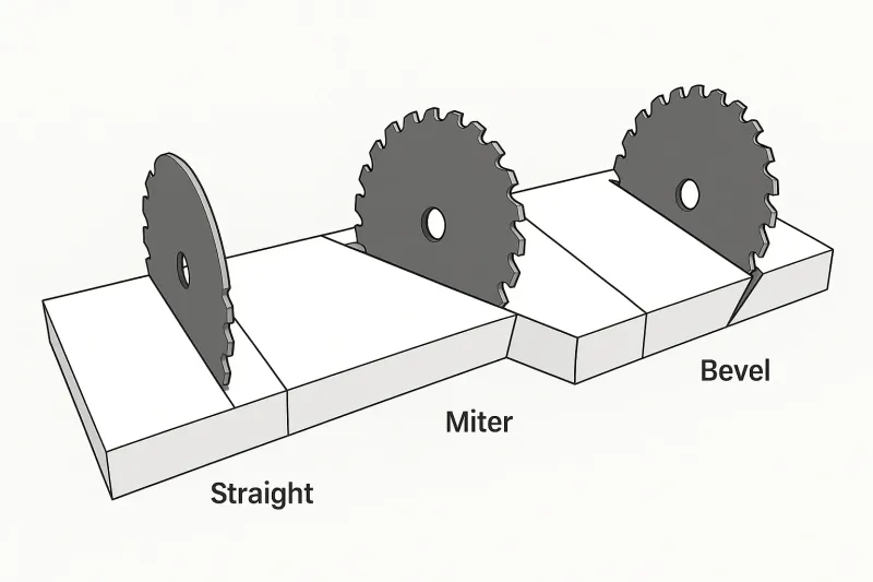 Diagram comparing straight, miter and bevel cuts