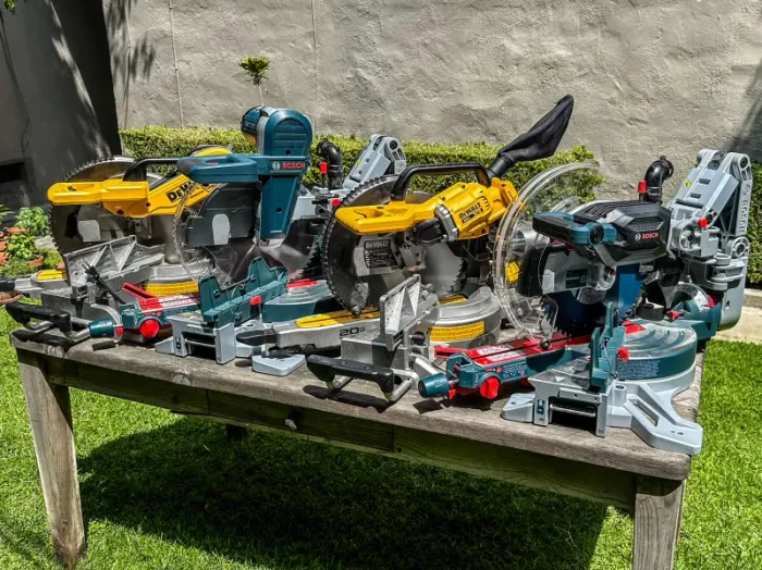 Collection of miter saws and circular saws