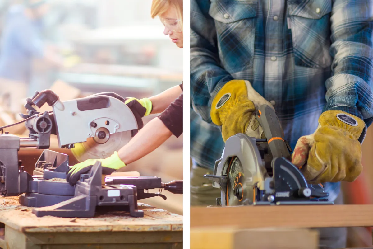 Two workers using different miter saw models