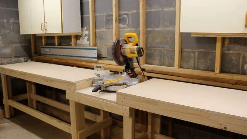 Miter saw installed on a long workshop bench