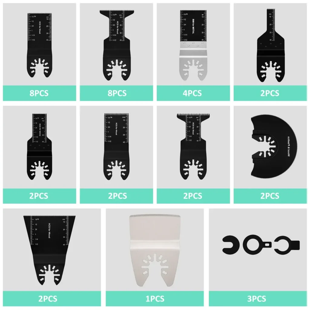 Chart of oscillating multi-tool blade shapes and quantities