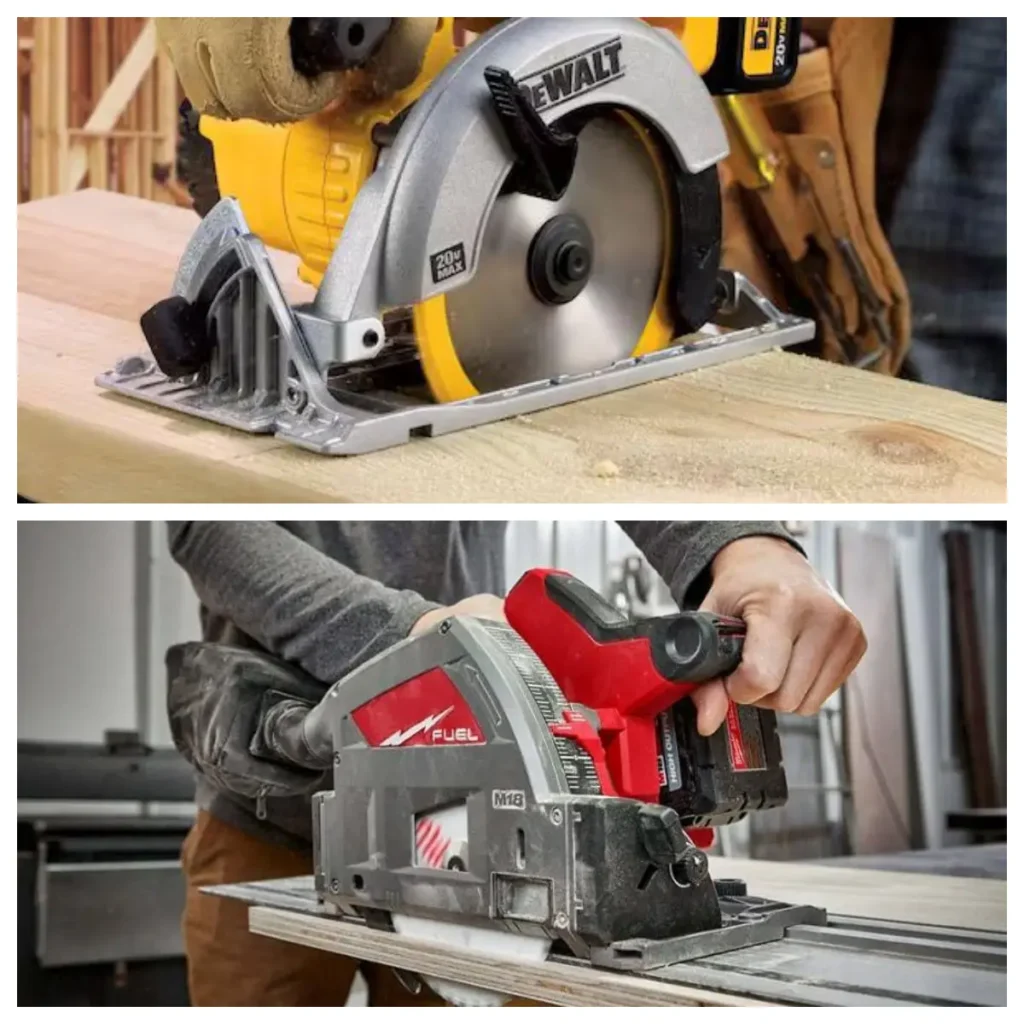 Comparison showing a plunge saw and circular saw cutting wood