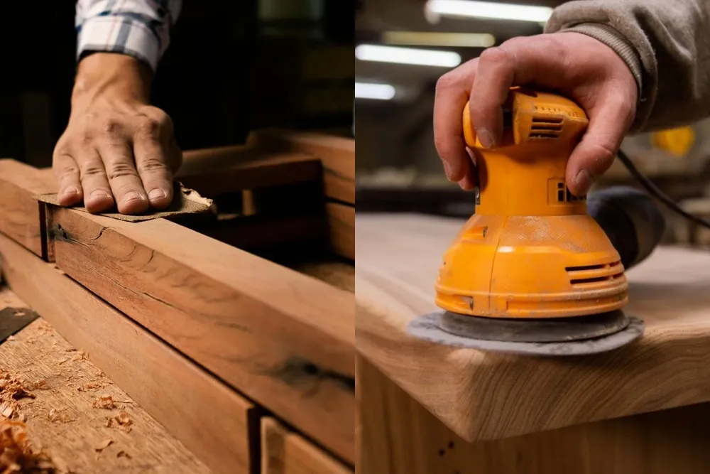 Power sander working on a timber board at a bench