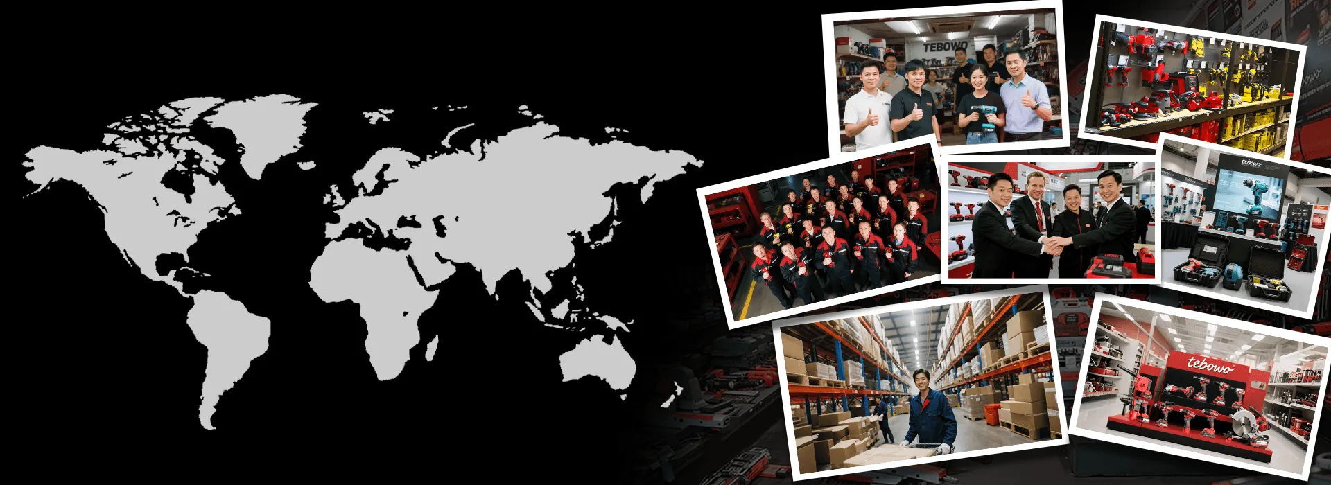 World map with photos of Tebowo factory operations and trade events